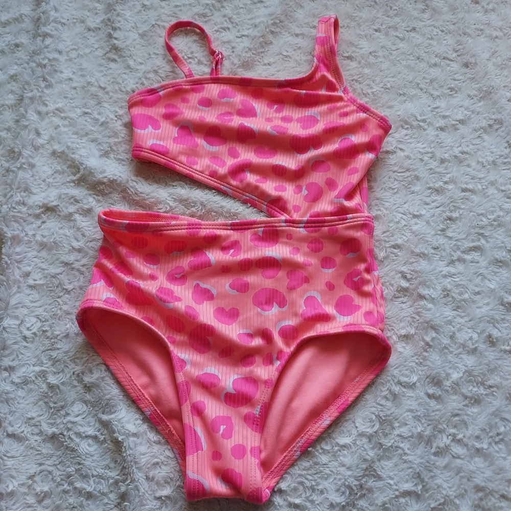 Cat & Jack Pink Heart-Print One-Piece Swimwear Pool Beach Vacation